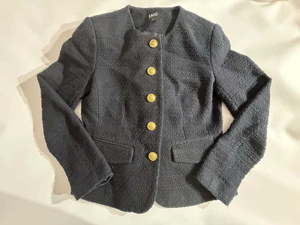 INC Tweed Boucle Gold Button Jacket Womens PS Black Crop Coat